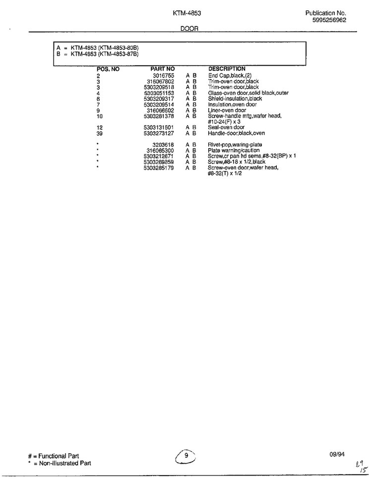 Door Page 2 Diagram and Parts List for 4853  Frigidaire Range