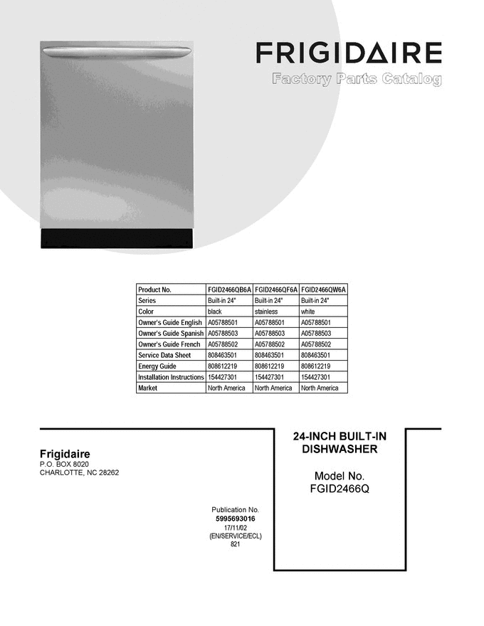 01 - Cover Sheet Diagram and Parts List for FGID2466QB6A  Frigidaire Dishwasher