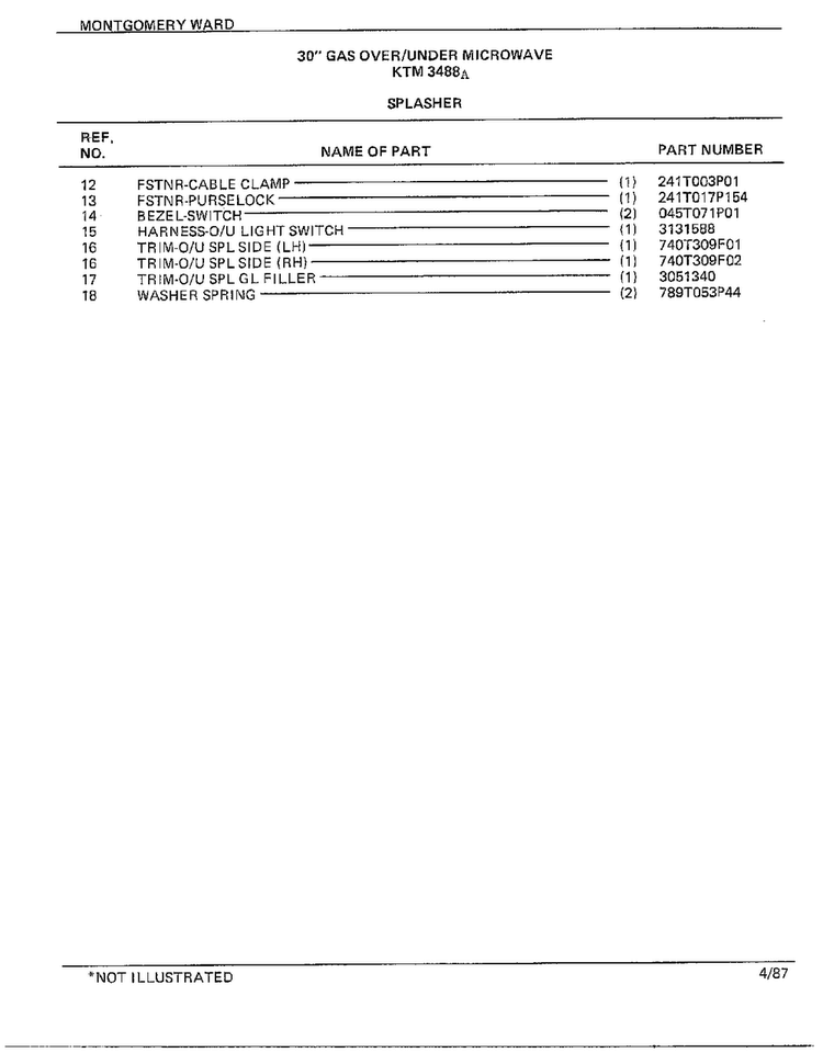 30" Gas Over/under Splasher Page 2 Diagram and Parts List for 3488A  Frigidaire Range