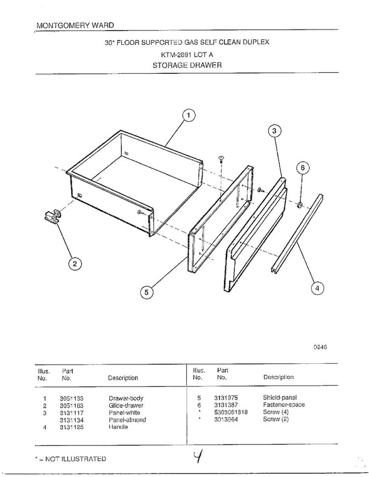 Storage Drawer Diagram and Parts List for 2891  Frigidaire Range