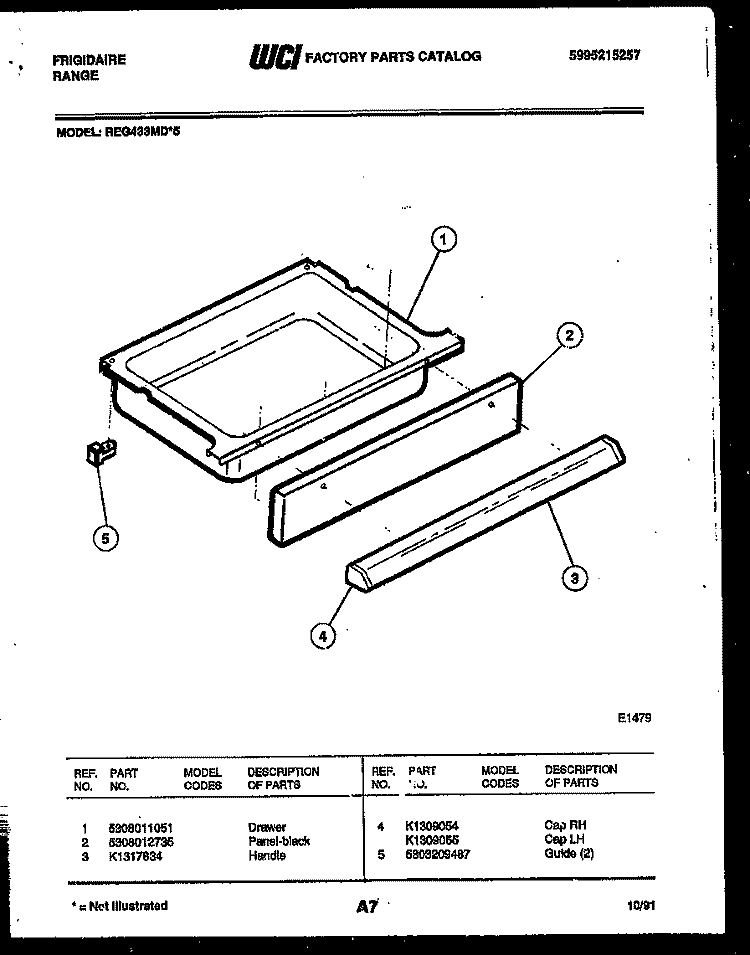 DRAWER PARTS Diagram and Parts List for REG433MDW5  Frigidaire Range