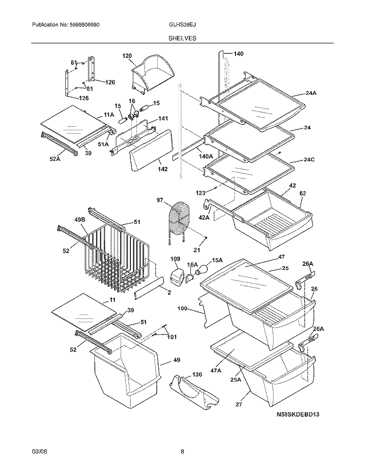 SHELVES Diagram and Parts List for GLHS39EJPB0  Frigidaire Refrigerator