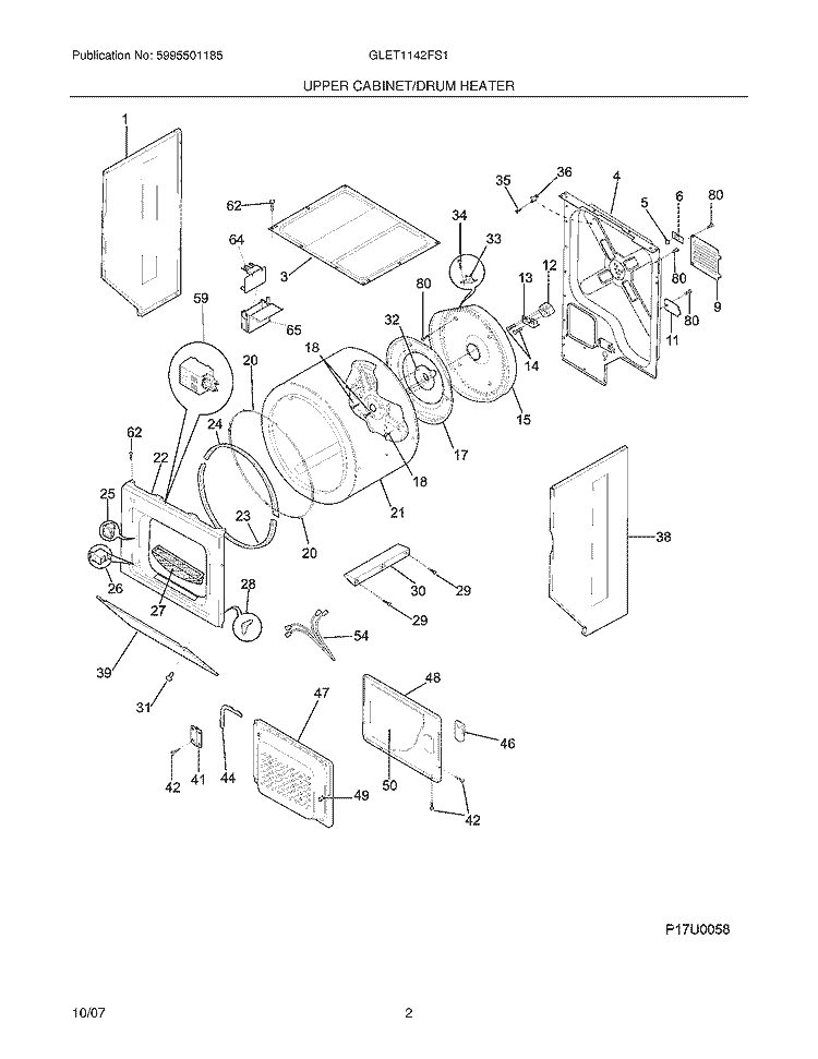 UPPER CABINET / DRUM HEATER Diagram and Parts List for GLET1142FS1  Frigidaire Washer Dryer Combo