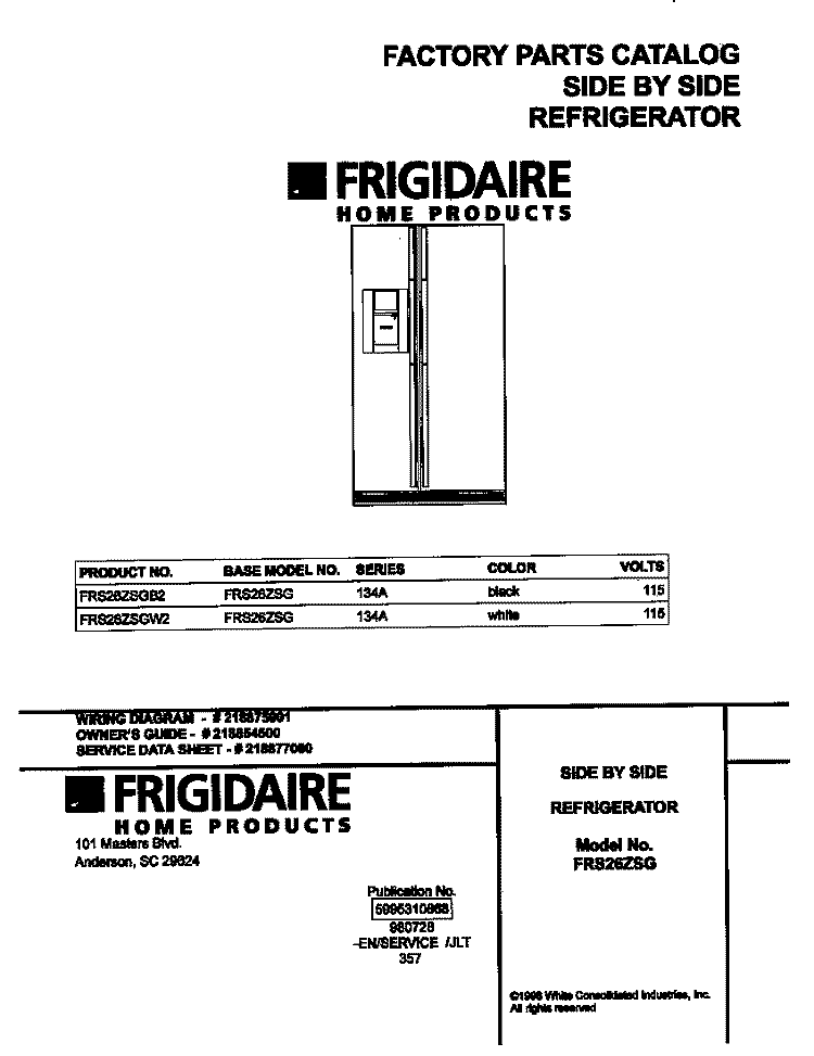 COVER Diagram and Parts List for FRS26ZSGW2  Frigidaire Refrigerator