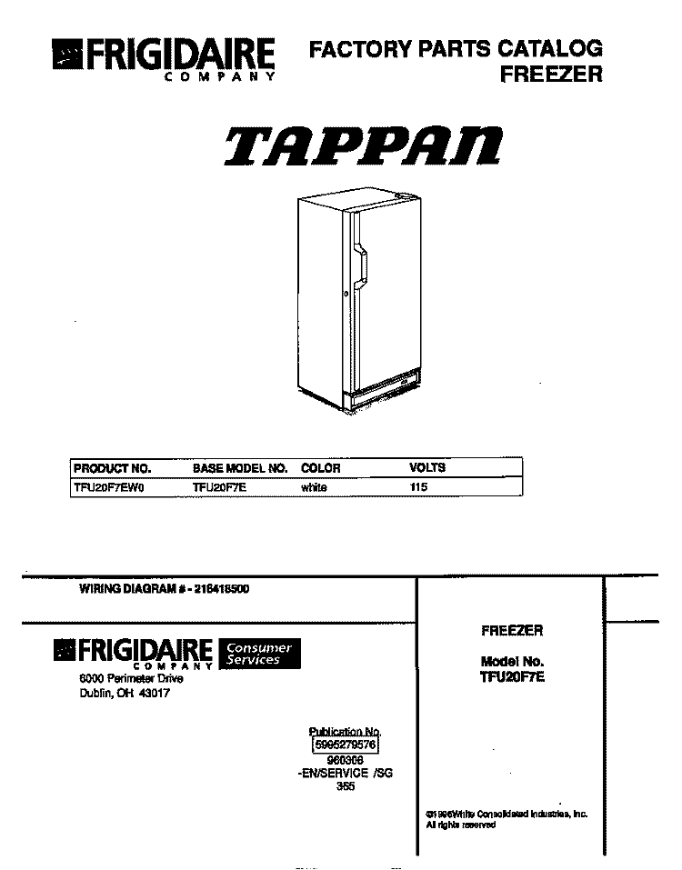 COVER Diagram and Parts List for TFU20F7EW0  Tappan Freezer