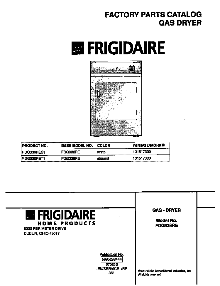 COVER Diagram and Parts List for FDG336RET1  Frigidaire Dryer