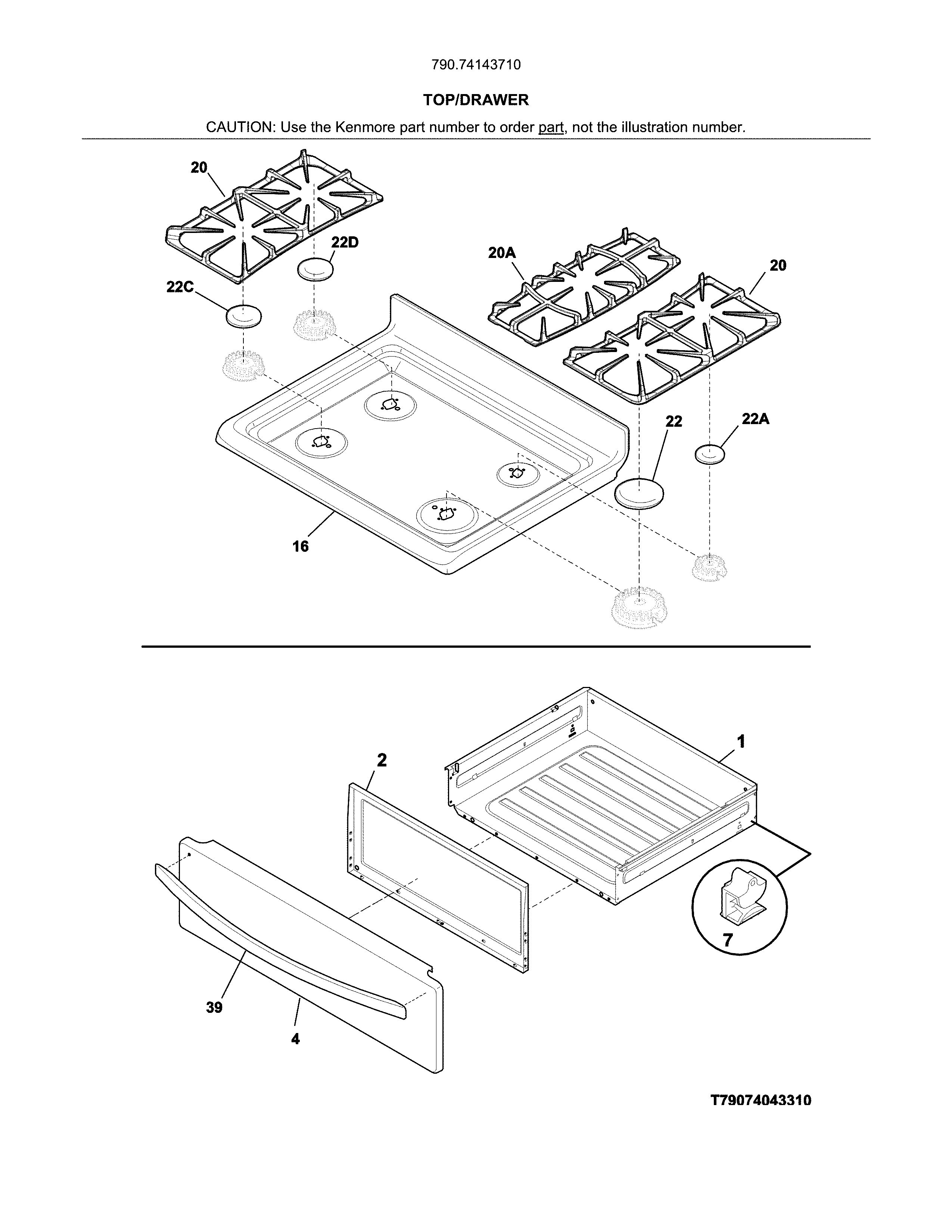 Top/drawer Diagram and Parts List for 79074143710  Kenmore Range