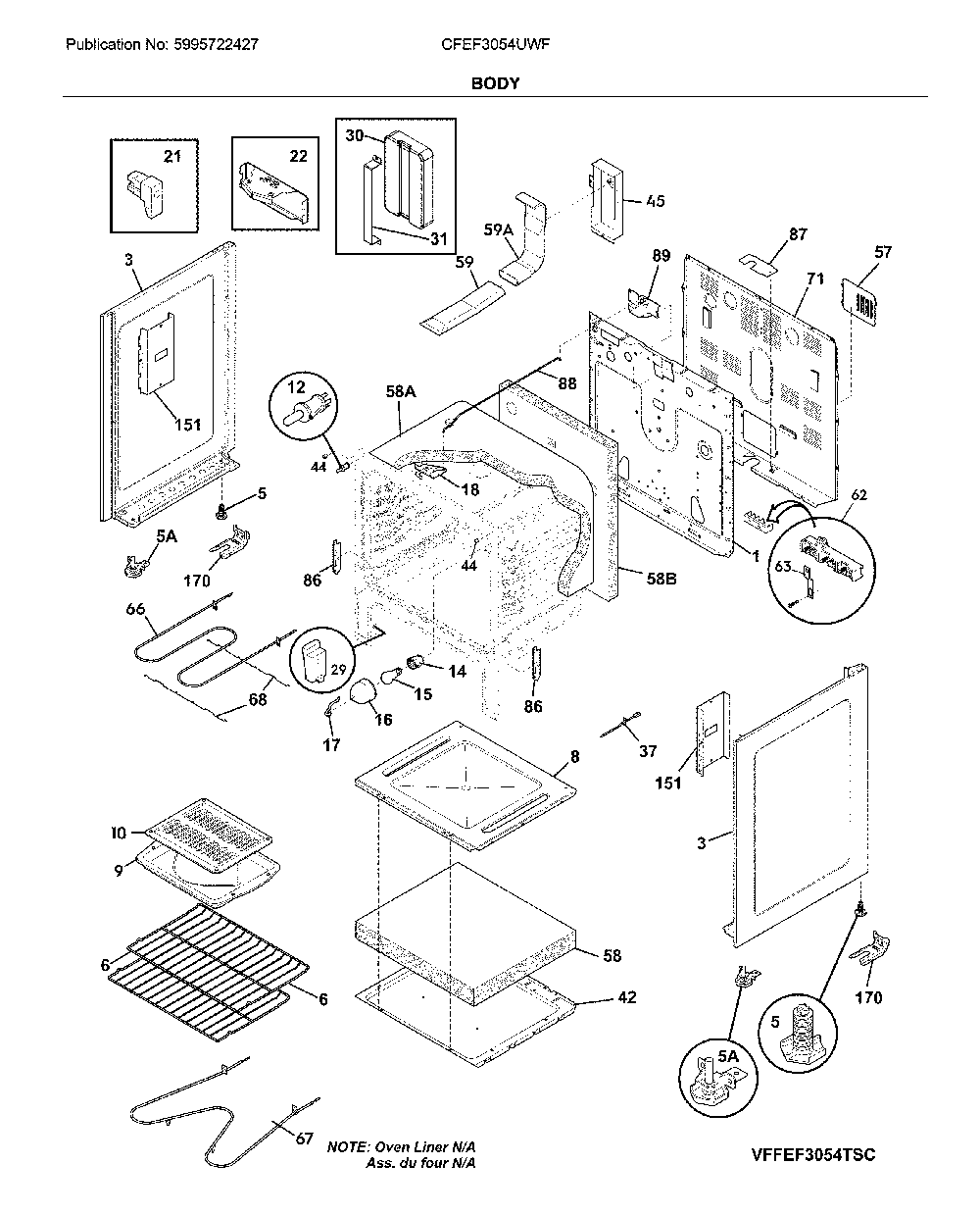 Body Diagram and Parts List for CFEF3054UWF  Frigidaire Range