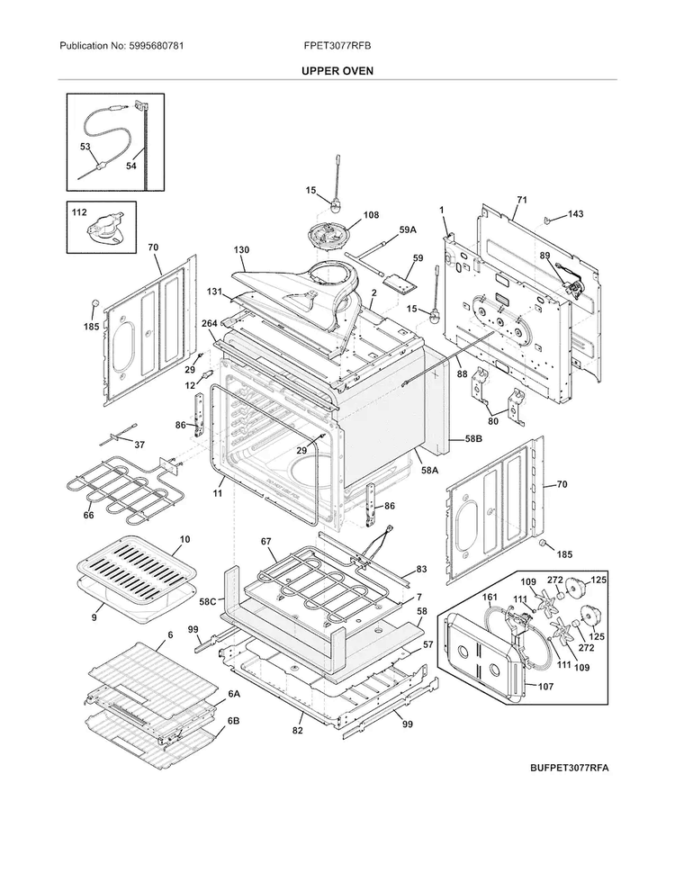Upper Oven Diagram and Parts List for FPET3077RFB  Frigidaire Wall Oven