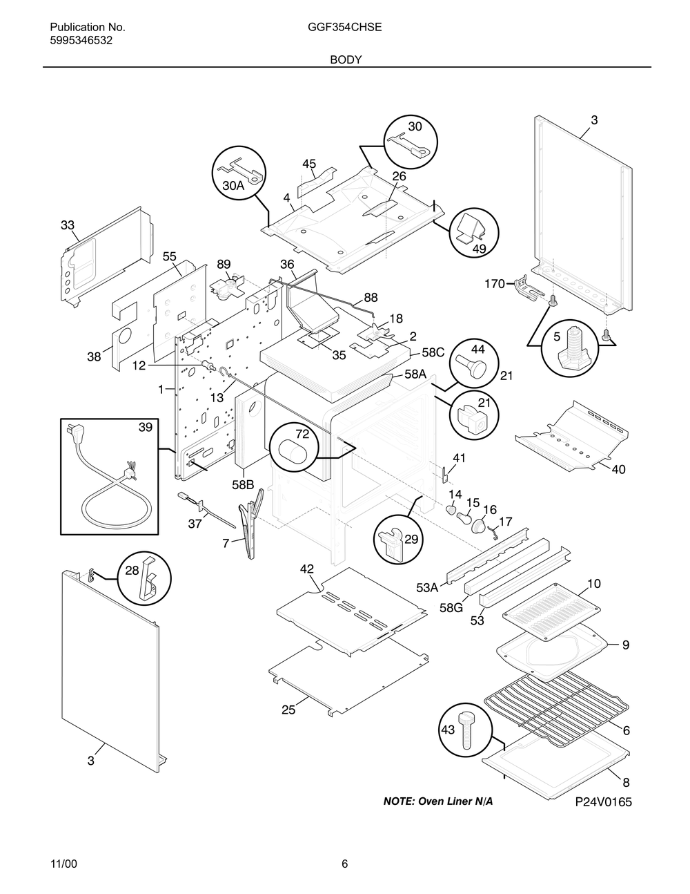 Body Diagram and Parts List for GGF354CGSE  Frigidaire Range