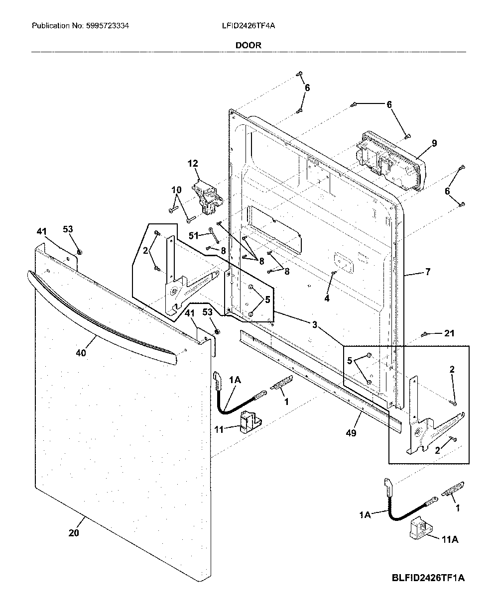 Door Diagram and Parts List for LFID2426TF4A  Frigidaire Dishwasher