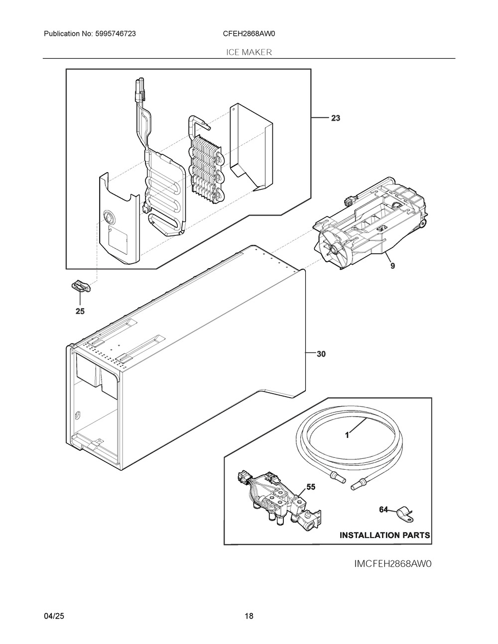 Ice Maker Diagram and Parts List for CFEH2868AW0  Frigidaire Refrigerator