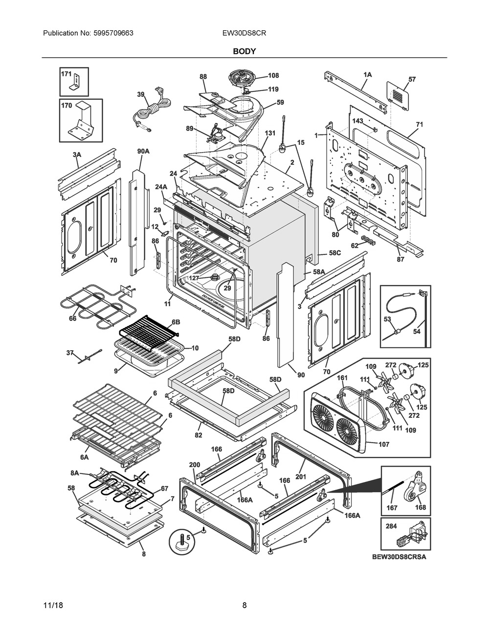 Body Diagram and Parts List for EW30DS8CRSE  Frigidaire Range