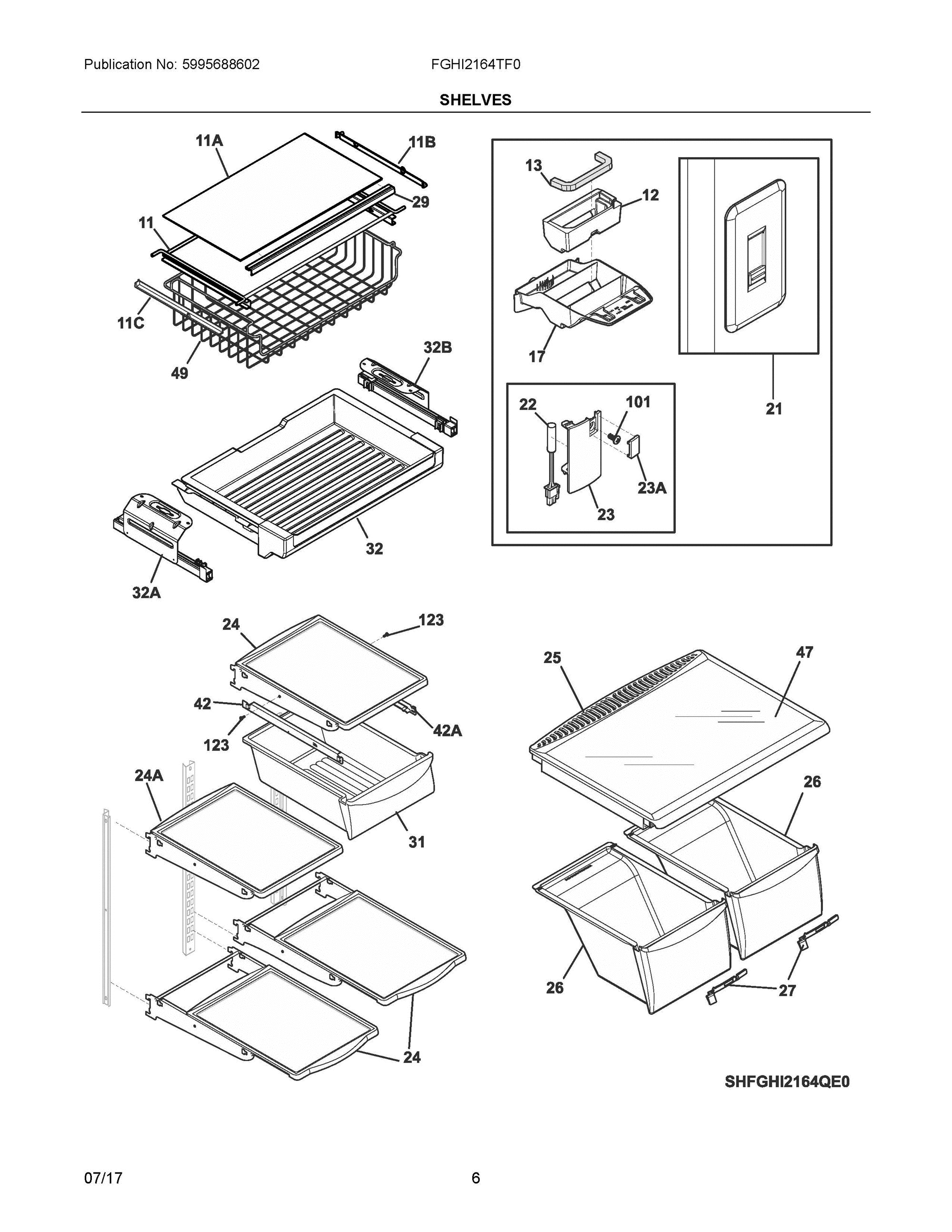 04 - SHELVES Diagram and Parts List for FGHI2164TF0  Frigidaire Refrigerator