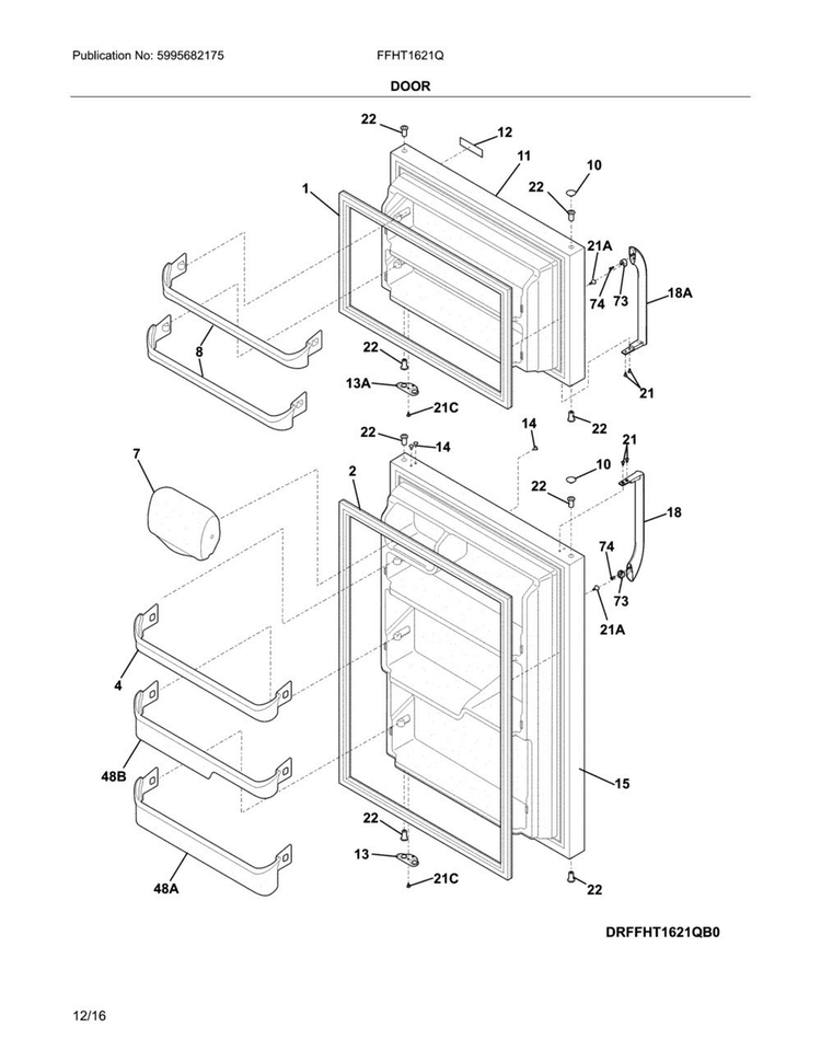 Door Diagram and Parts List for FFHT1621QS5  Frigidaire Refrigerator