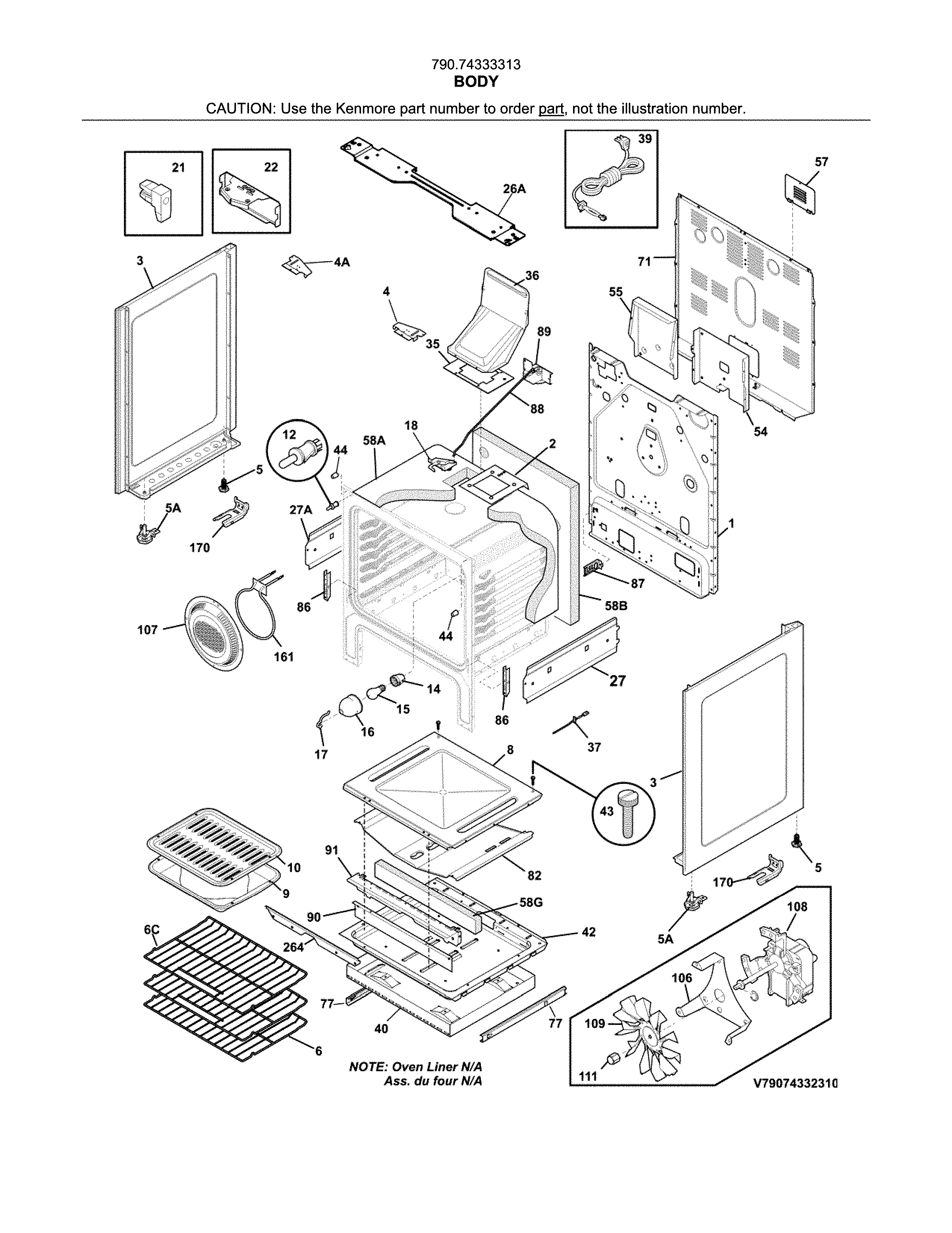 Body Diagram and Parts List for 79074333313  Kenmore Range