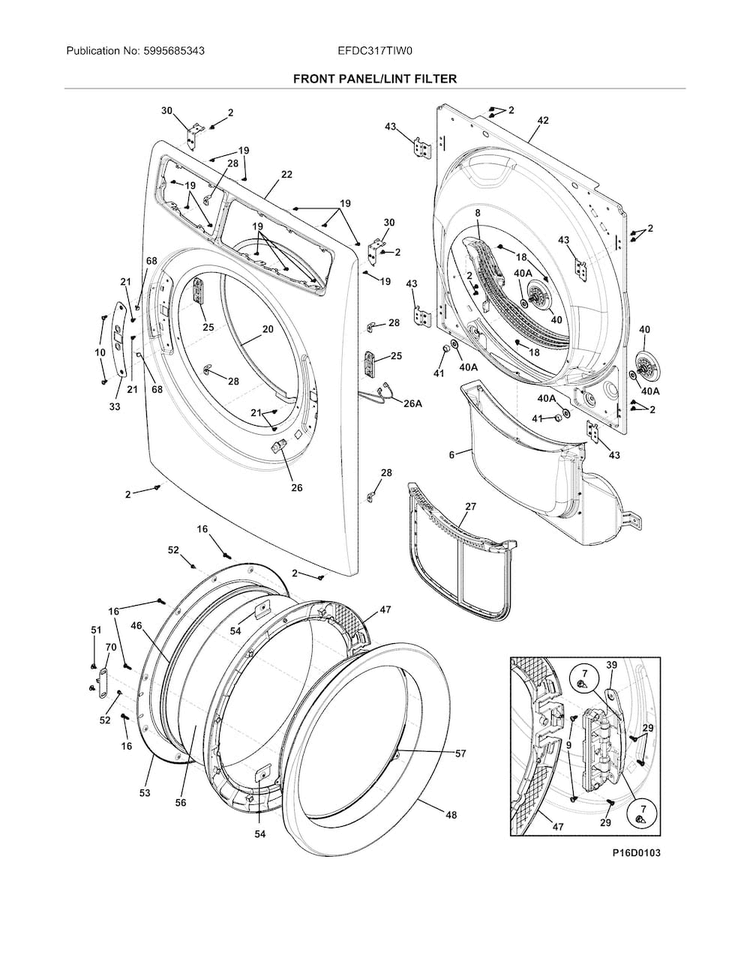 Front Panel/lint Filter Diagram and Parts List for EFDC317TIW0  Electrolux Dryer