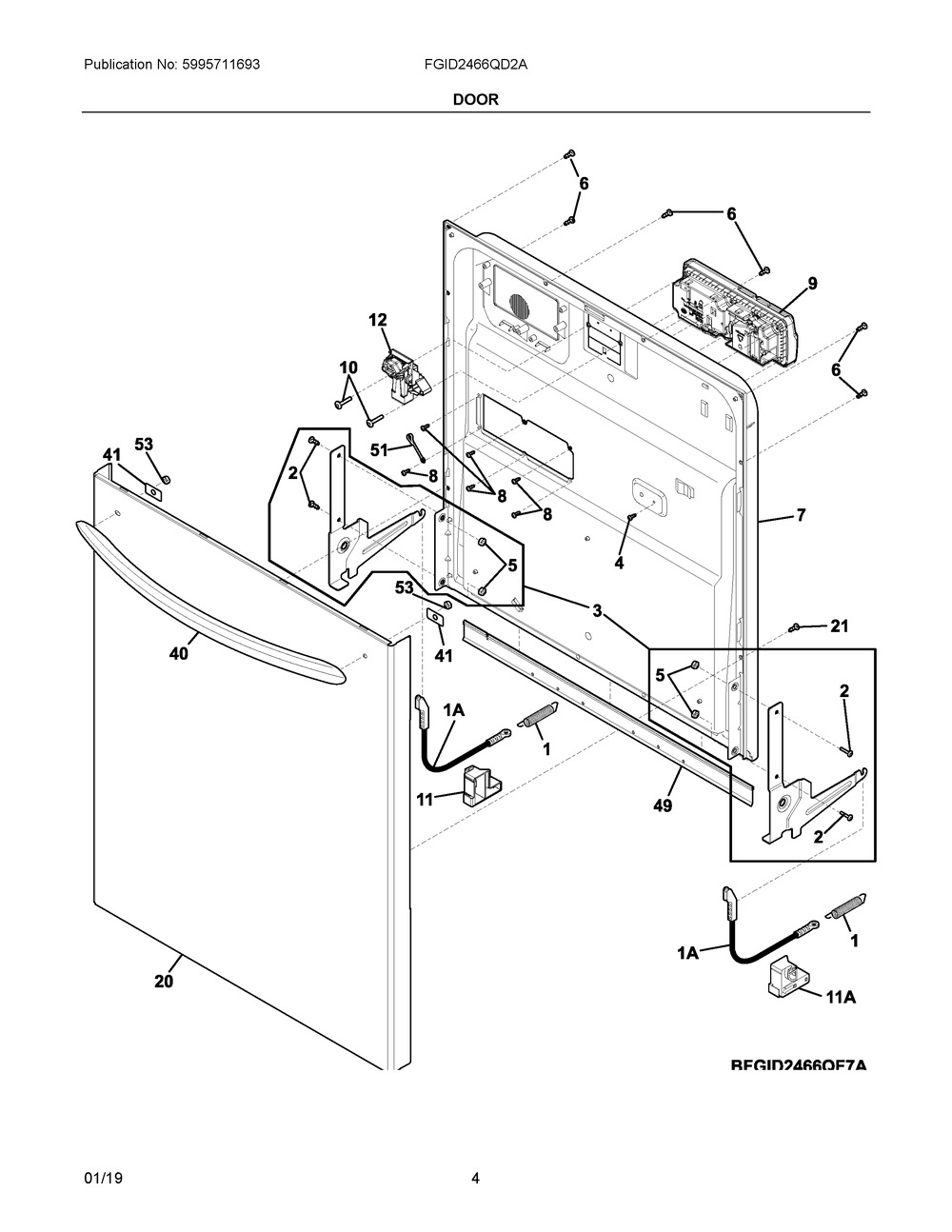 Door Diagram and Parts List for FGID2466QD2A  Frigidaire Dishwasher