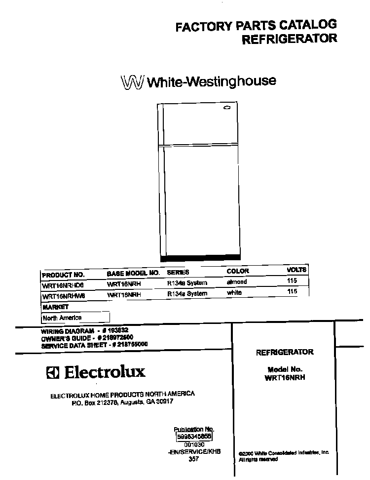 Cover Diagram and Parts List for WRT16NRHW6  Westinghouse Refrigerator