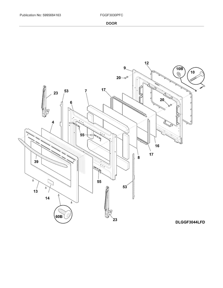 Door Diagram and Parts List for FGGF3030PFC  Frigidaire Range