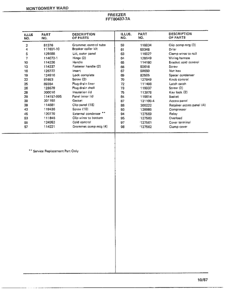 Freezer Page 2 Diagram and Parts List for 80437A  Frigidaire Freezer