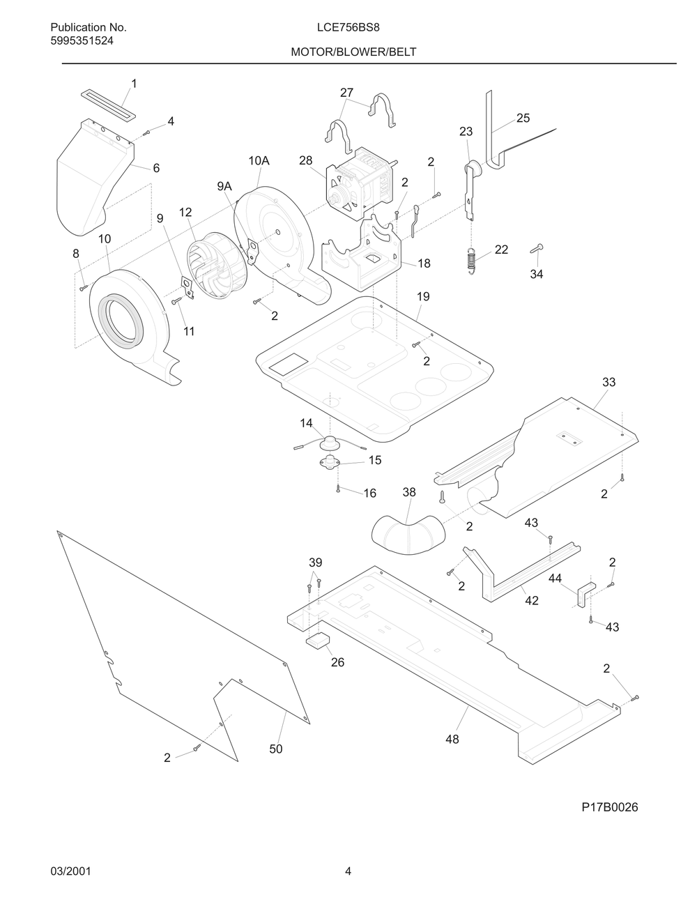 Motor/Blower/Belt Diagram and Parts List for LCE756BS8  Frigidaire Dryer
