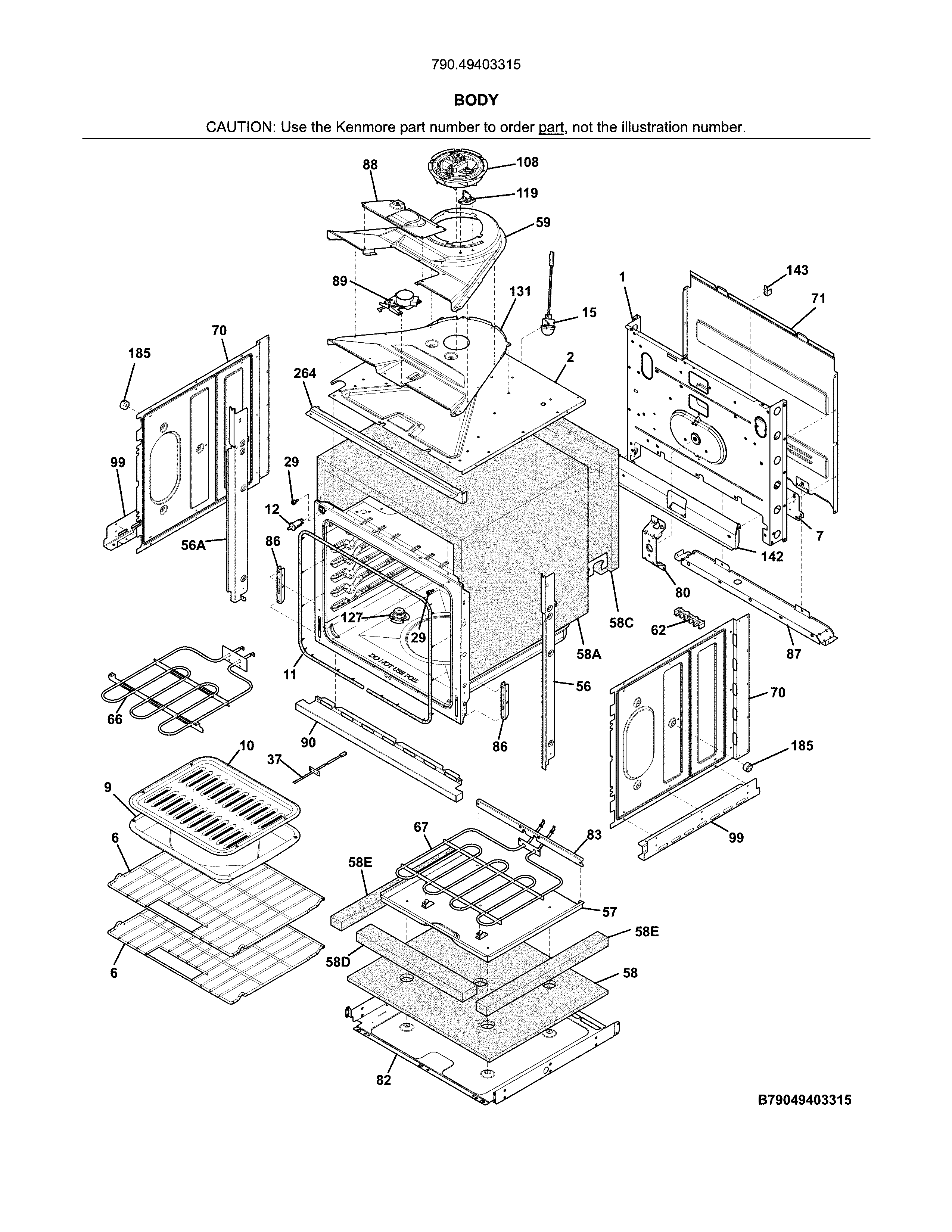 Body Diagram and Parts List for 79049403315  Kenmore Wall Oven