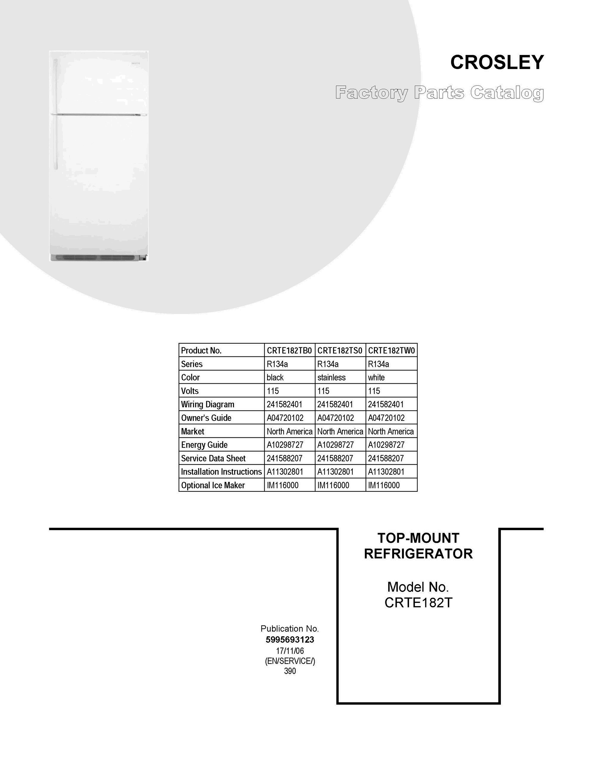 01 - COVER SHEET Diagram and Parts List for CRTE182TS0  Frigidaire Refrigerator