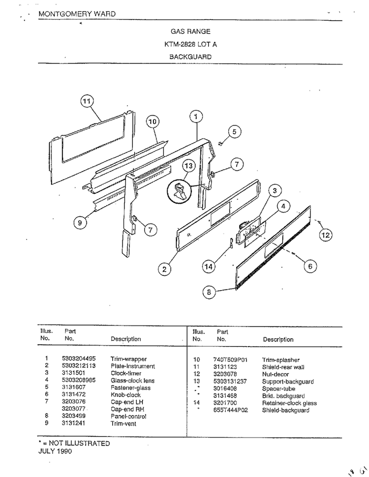 Backguard Diagram and Parts List for 2828A  Frigidaire Range