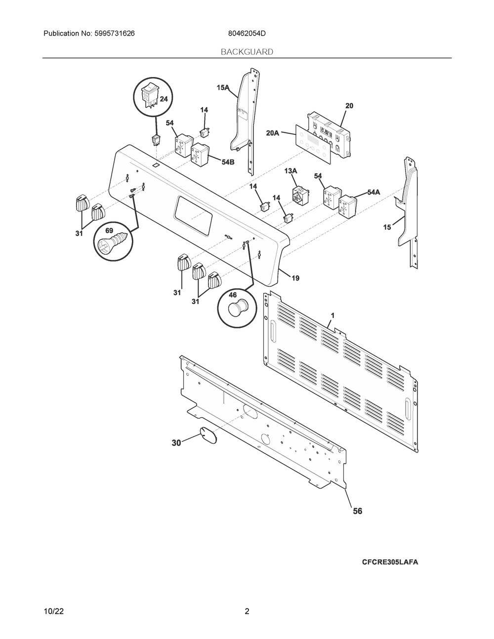 Backguard Diagram and Parts List for 80462054D  Frigidaire Range