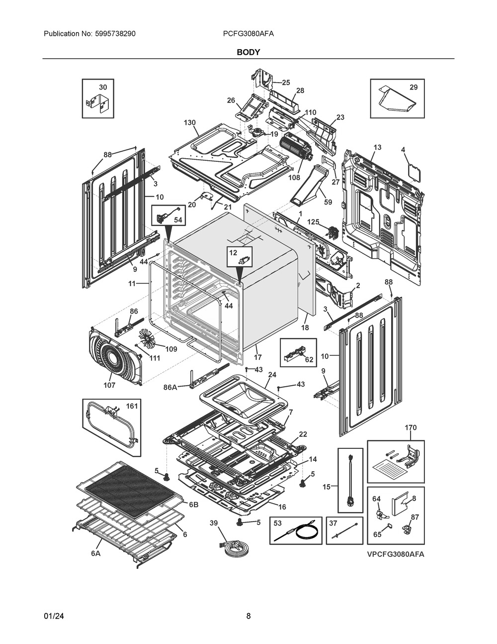 Body Diagram and Parts List for PCFG3080AFA  Frigidaire Range