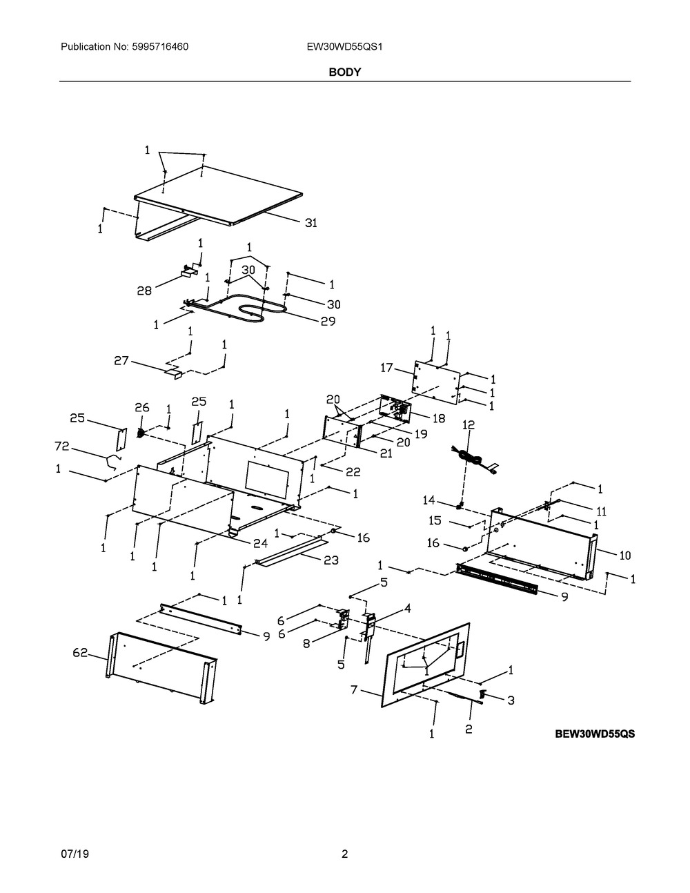 Body Diagram and Parts List for EW30WD55QS1  Frigidaire Warming Drawer