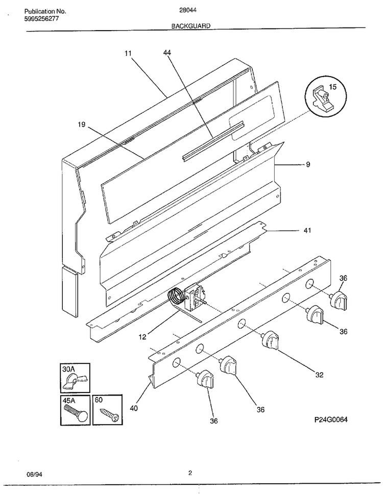 Backguard Diagram and Parts List for 28044  Frigidaire Range