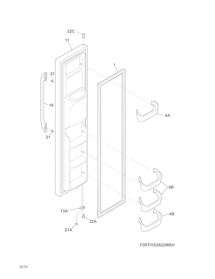 Freezer Door Diagram and Parts List for FFHS2622MSWA  Frigidaire Refrigerator