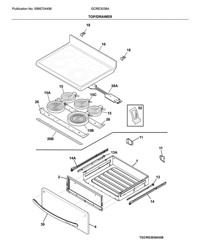 Top/Drawer Diagram and Parts List for GCRE3038ADD  Frigidaire Range