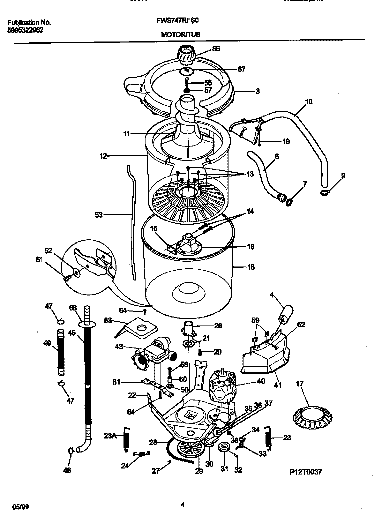 P12T0037 WSHR MTR, HOSE Diagram and Parts List for FWS747RFS0  Frigidaire Washer