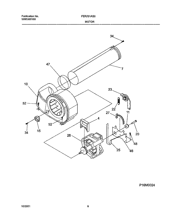 MOTOR, BLOWER Diagram and Parts List for FER231AS0  Frigidaire Dryer