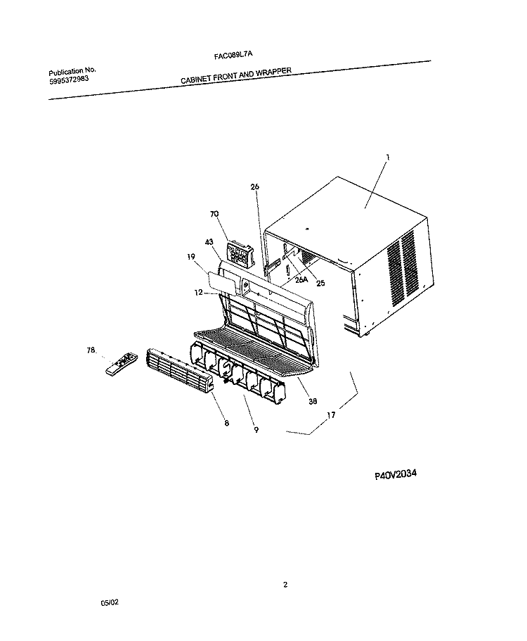 CABINET FRONT AND WRAPPER Diagram and Parts List for FAC089L7A2  Frigidaire Air Conditioner
