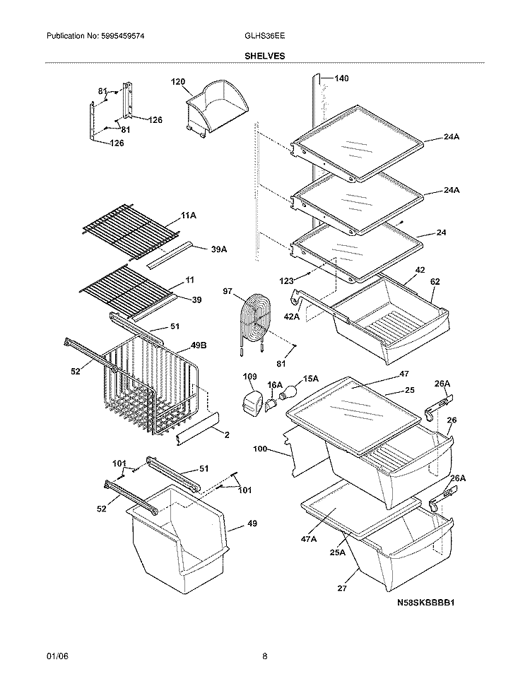 SHELVES Diagram and Parts List for GLHS36EEW2  Frigidaire Refrigerator