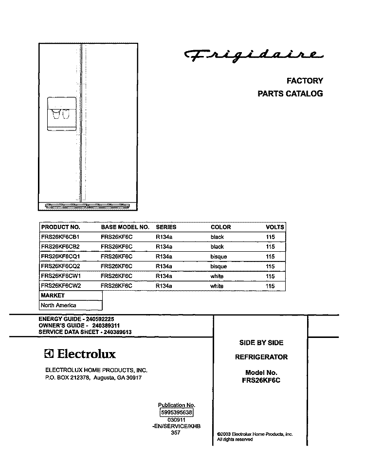 COVER Diagram and Parts List for FRS26KF6CQ2  Frigidaire Refrigerator