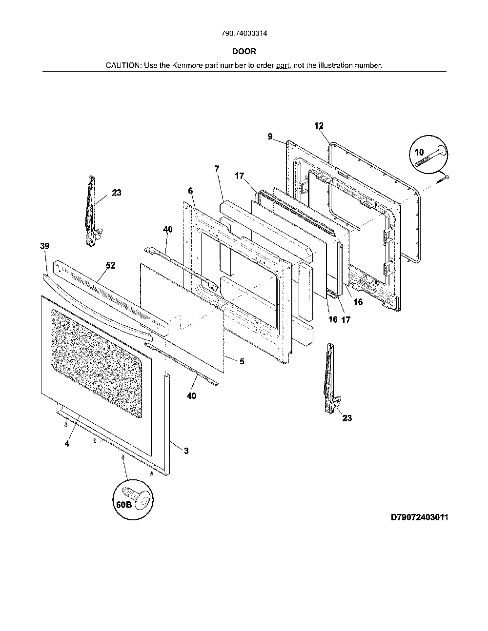 Door Diagram and Parts List for 79074033314  Kenmore Range