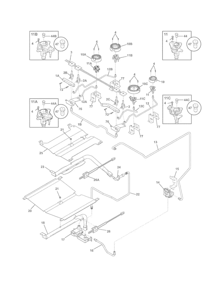 Burner Diagram and Parts List for FGGS3065PBA  Frigidaire Range