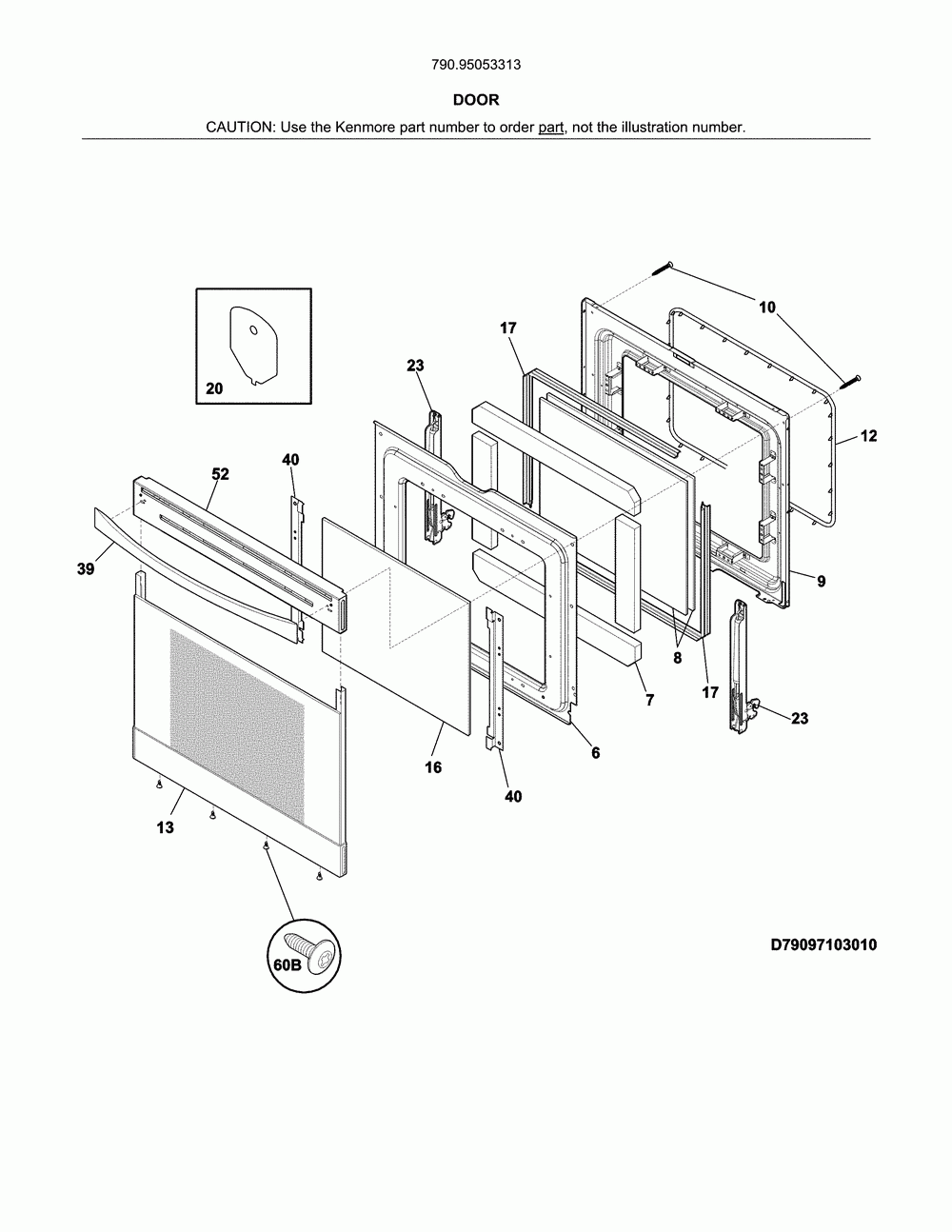 Door Diagram and Parts List for 79095053313  Kenmore Range