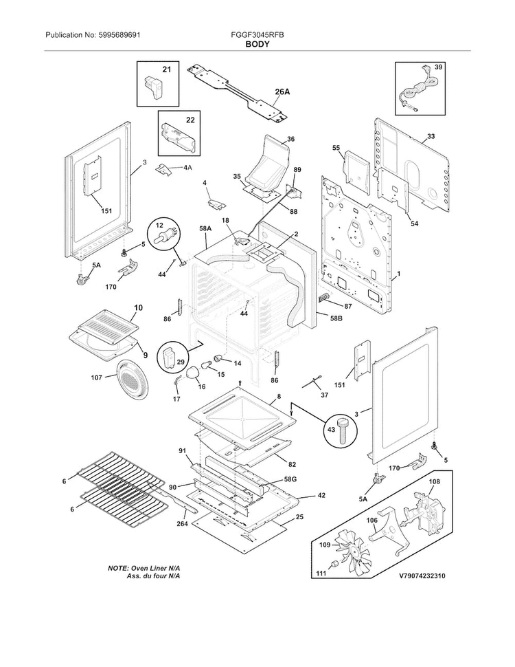 Body Diagram and Parts List for FGGF3045RFB  Frigidaire Range
