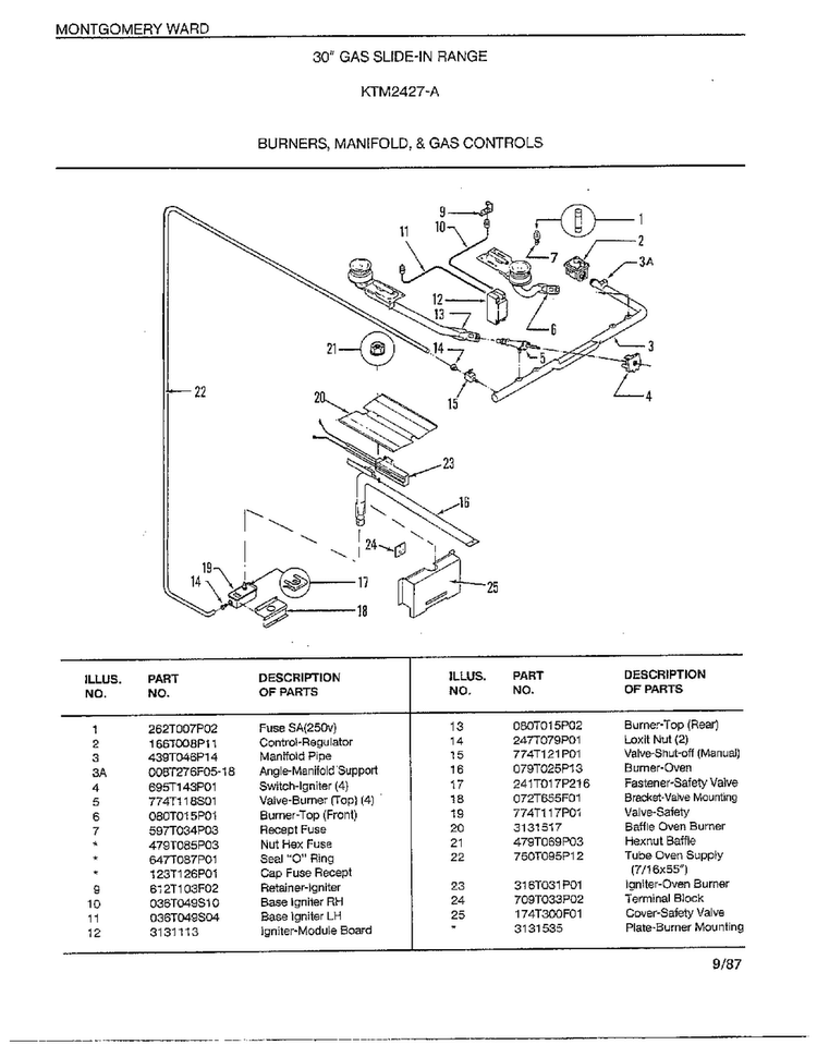 Burners, Manifold And Gas Controls Diagram and Parts List for 2427A  Frigidaire Range