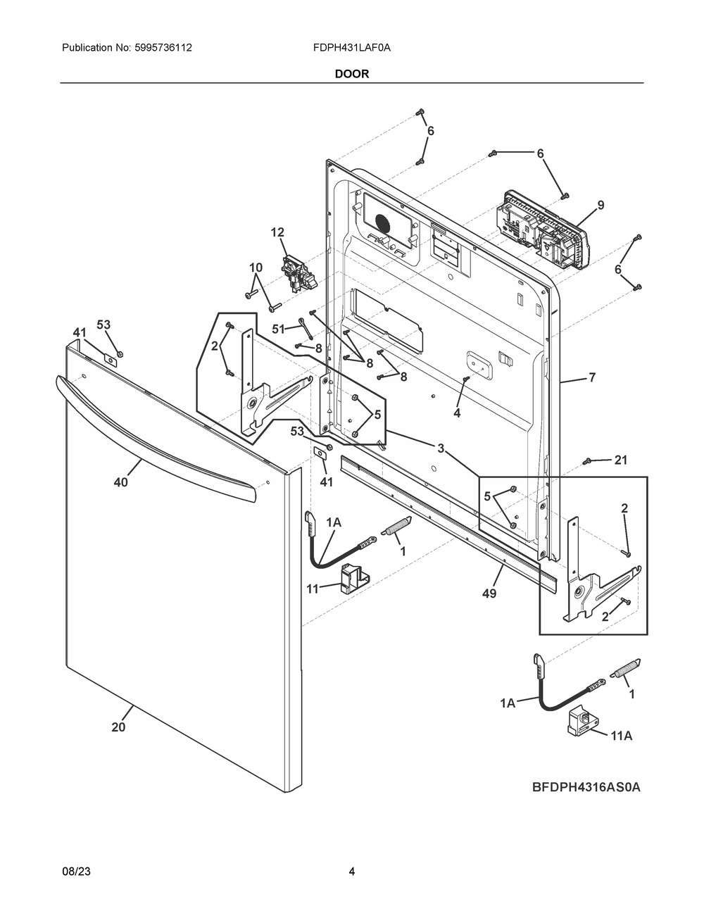Door Diagram and Parts List for FDPH431LAF0A  Frigidaire Dishwasher