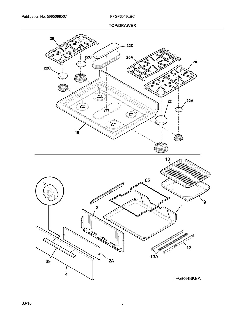 Top/drawer Diagram and Parts List for FFGF3019LBC  Frigidaire Range