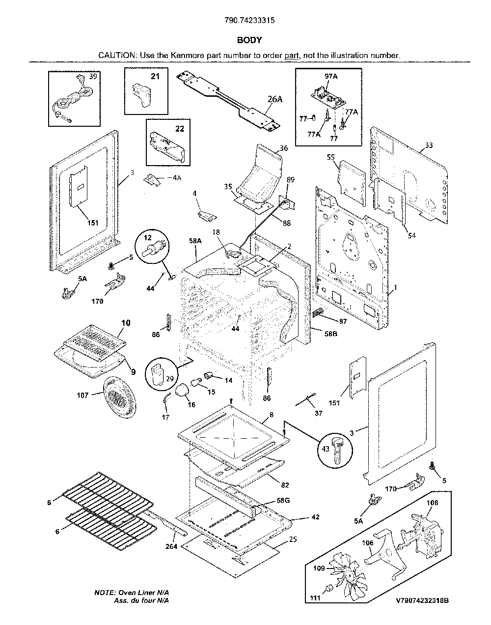 Body Diagram and Parts List for 79074233315  Kenmore Range