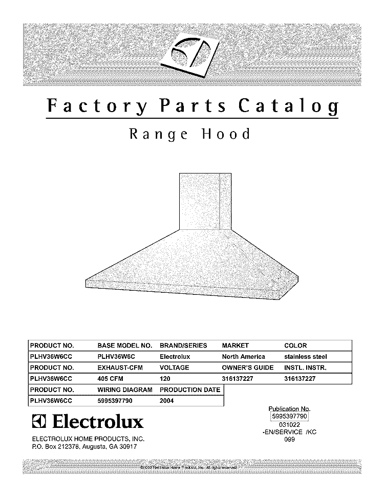 COVER Diagram and Parts List for PLHV36W6CC  Electrolux Range Hood