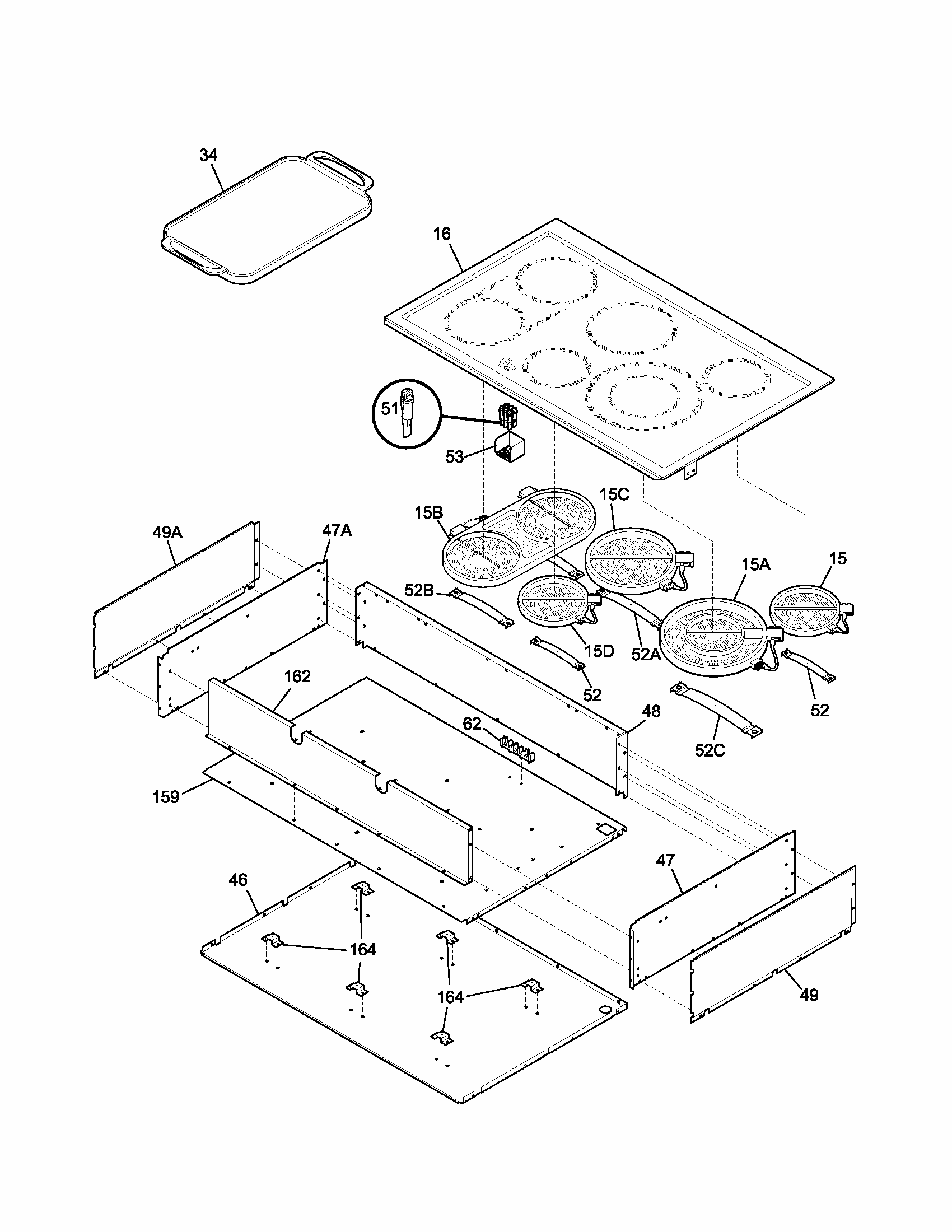 Maintop Diagram and Parts List for 79043043400  Kenmore Cooktop